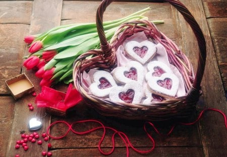 Basket of â™¥ - tulips, nice, heart, red