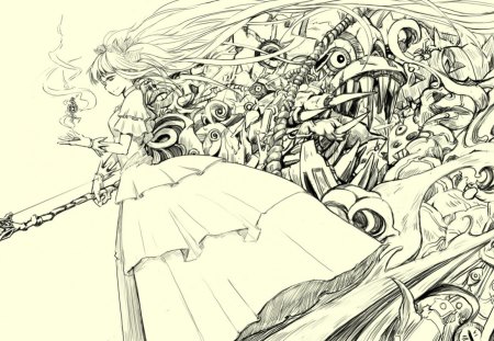 Anime Sketch - love, girl, dream, pen, sketch, monsters, fight, anime, dress