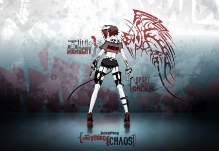 Everything Becomes Chaos - blood, attack, anime, gun, guns, war, girl, chaos, dream, fantasy, red, wings, fate, courge