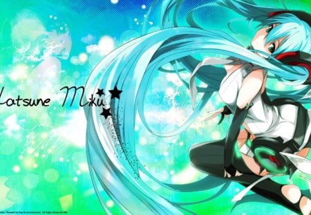 Miku Stars - stars, girl, music, dream, fantasy, abstract, blue, songs, anime, green, miku, cute, jpn, manga