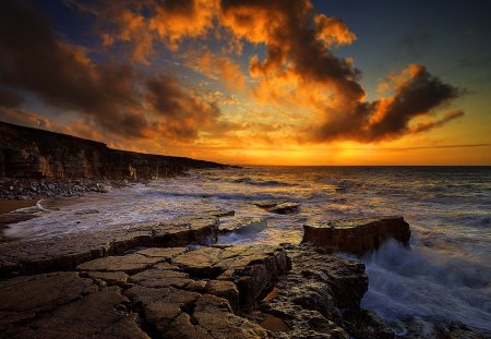 Ocean Waves - rocks, beautiful, beach, seascape, view, ocean waves, nature, sunset, beauty, peaceful, sky, sunlight, clouds, lovely, splendor, sea, colors, waves