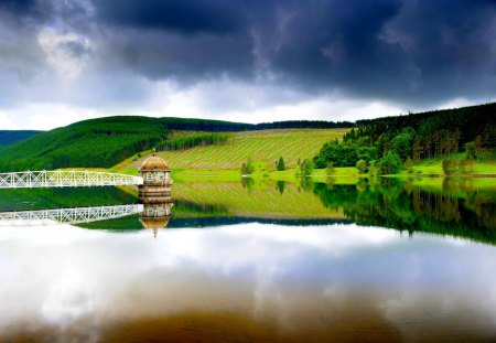 A PLACE for PEACE! - sky, lake, forest, reflection, bridge, house, gray day