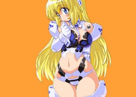 busou shinki - girl, blue eyes, long hair, solo, busou shinki, blonde hair, navel, orange, large breasts, blush, mechagirl