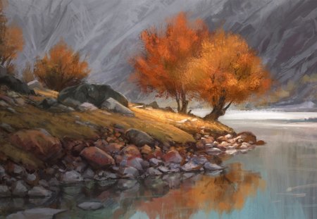 Autumn Lake Art - autumn, lake, water, leaf, mountains, rocks, nature, art, fall, tree