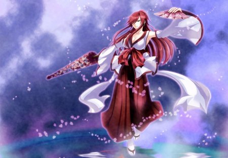 Erza Scarlet - breasts, long hair, erza scarlet, red hair, big breasts, umbrella, japanese clothes, anime girl, water, cherry blossom, hot, fan, fairy tail, cool, petals, red eyes, boob, sexy