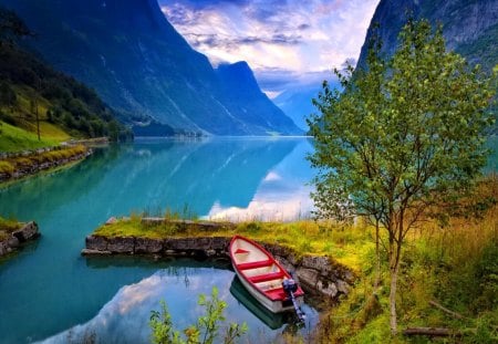 Clear mountain river - nice, lakeshore, sky, riverbank, forgotten, clear, mirrored, crystal, walk, river, clouds, tree, abandoned, grass, boat, lake, mountain, summer, shore, lovely, nature, blue, beautiful, canoe