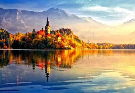 Castle reflection - clouds, summer, mirrored, colors, reflection, crystal, mountain, village, colorful, river, nature, autumn, clear, lake, castle, sky