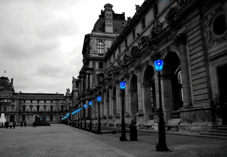 BLUE LIGHTS - street, b n w, structures, blue, lights