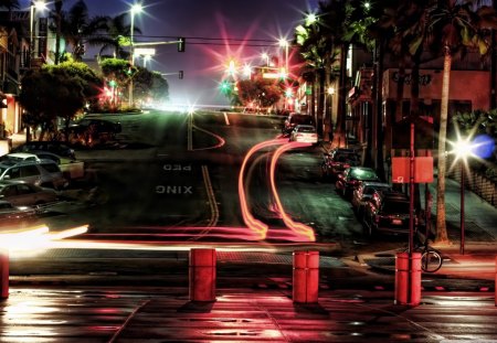 car ligts in a city street at night - city, night, street, lights