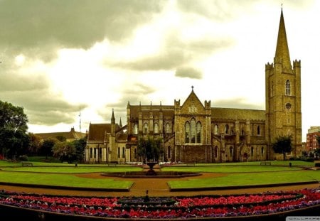 wonderful cathedral - cathedral, flowers, garden, clouds