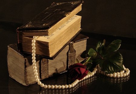 still life - books, pearls, rose, beautiful