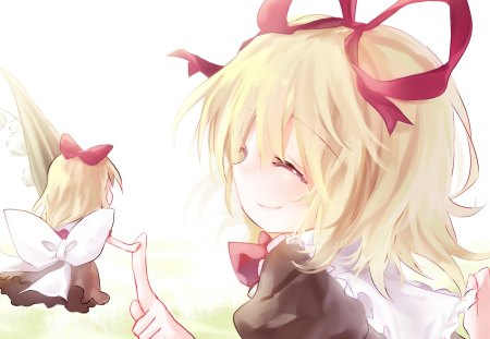 Magical Me - fey, doppleganger, blond, black, white, bow, red, plant, anime, fairy, happy, blonde