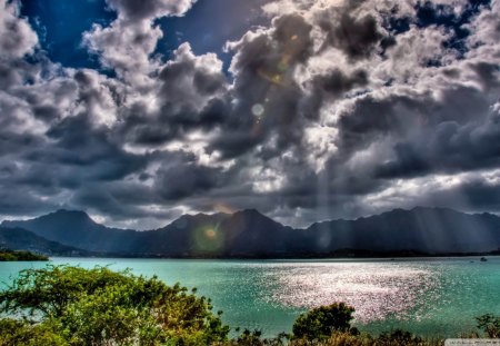 koolua mountains kanehoe bay hawaii hdr - hdr, clouds, mountains, bay