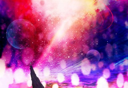 Pinnacle of the World - stars, sky, girl, light, peak, fantasy, abstract, red, anime, sparkles