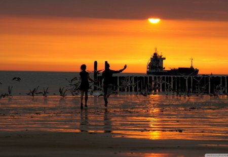 lovers on the beach - ship, beach, sunset, couple, birds