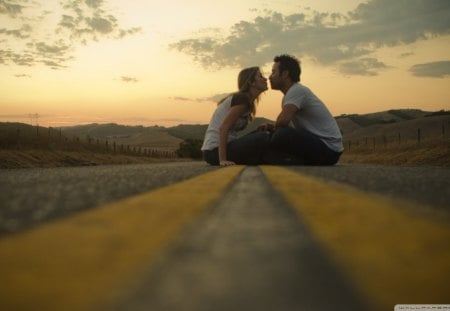 love on the road - sky, mountains, couple, road