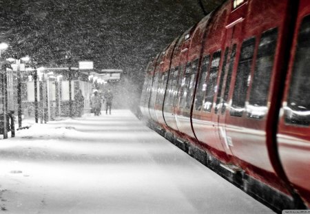 red train in winter - train, station, snow, red, storm