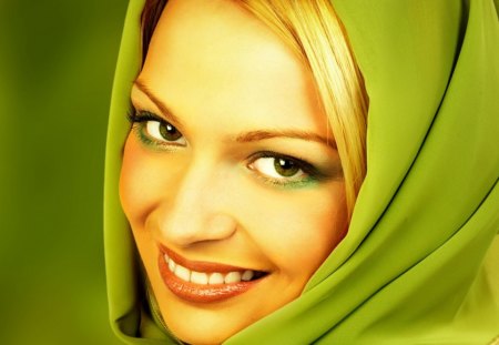 beauty in green - blond, beauty, green scarf, model