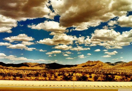 somewhere between ca and nv - highway, desert, mountain, clouds