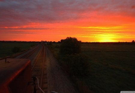 train travel to sunset - train, fields, sunset, tracks