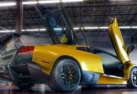 yellow lambroghini in a garage hdr - garage, car, engine hood, doors