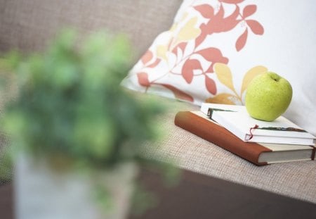 Apple - apple, book, fruit, food, pillow