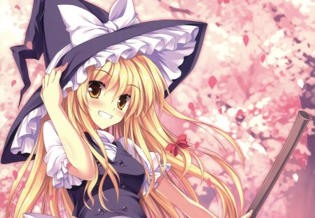 Marisa Kirisame - cherry blossom, touhou, petals, hat, female, anime, girl, marisa kirisame