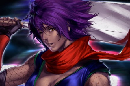 Kunoichi of the Night - yellow eyes, female, girl, purple hair, scarf, anime girl, kunoichi, games, ninja, weapon, anime, video games, sword