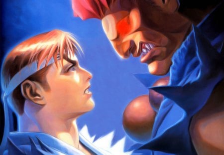 Ryu & Akuma - headband, gouki, fighters, red eyes, akuma, games, street fighter, anime, video games, ryu, glowing eyes