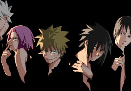 Team Kakashi - anime, sasuke, shinobi, alternate clothing, group, uchiha sasuke, black background, naruto, kakashi hatake, hatake kakashi, haruno sakura, spiky hair, sai, naruto uzumaki, sakura, uzumaki naruto, sasuke uchiha, yamato, naruto shippuuden, kakashi, sakura haruno