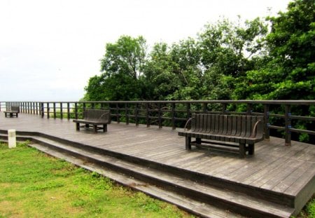 Beachfront recreation Area - wooden chair, grasses, recreation area, beachfront