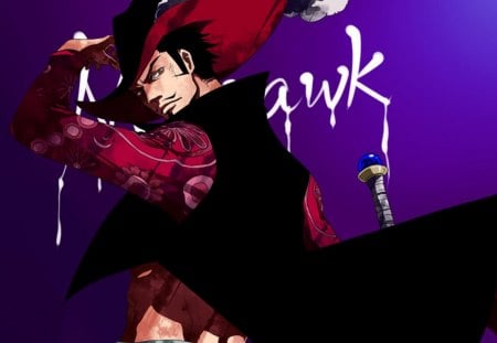 Dracule Mihawk - male, one piece, mihawk, lone, hat, purple background, mihawk dracule, anime, dracule mihawk, coat, pirate