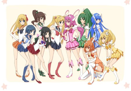 Sailor Moon vs Smile Precure! - anime, skirt, no background, girls, sailor moon, smile precure, precure, magical girl, crossover