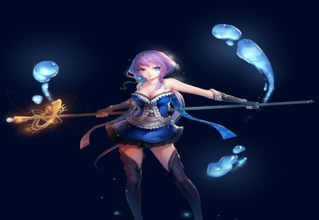 Water Magic - anime girl, female, water, hot, staff, thighhighs, dress, cool, flower, short hair, big breasts, water magic, pink hair, sexy, blue eyes