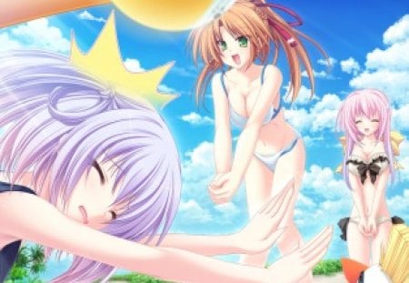 77 Girls - sky, beach, sora hoshiba, summer, anime girl, 77, anime, aki tsuneha, miki tsuneha, sea