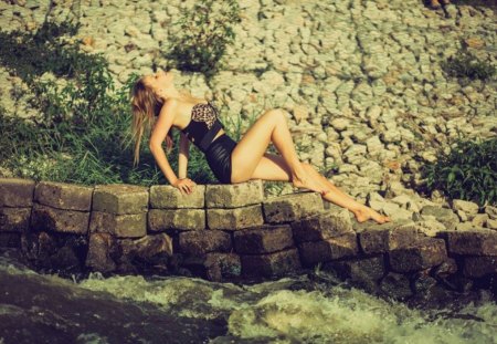 Sunny and sensual - nature, legs, sensual, girl, sunny day, water rocks