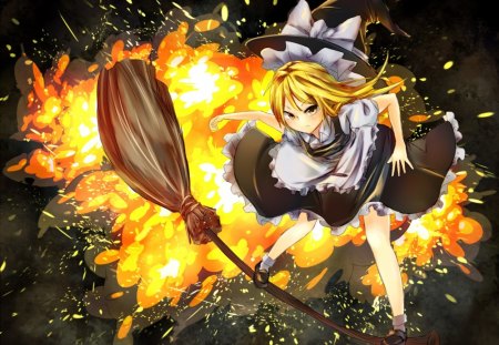 Touhou - anime, touhou, broom, fire