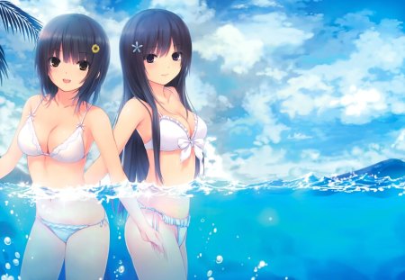 The Beach - anime, water, beach, cute, mountains, sky