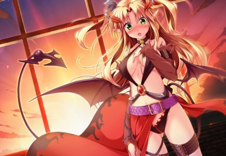 tiana jill lilithtia - wings, atardeser, blonde hair, pointy ears, anime, tiana jill lilithtia, cute, friendly, tail, girl, long hair, game cg, horn, open mouth, green eyes, beautiful, sexi, blush