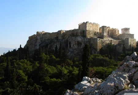 ancient ruins in greece - hill, trees, ancient, ruins