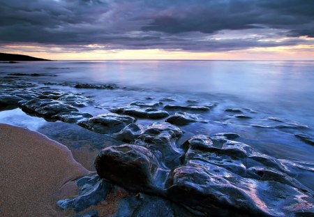 Seascape - rocks, beautiful, beach, ocean, view, ocean waves, nature, sunset, evening, beauty, peaceful, blue, sky, sand, clouds, lovely, splendor, sea