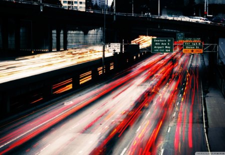 highway car lights in long exposure - highway, city, signs, lights