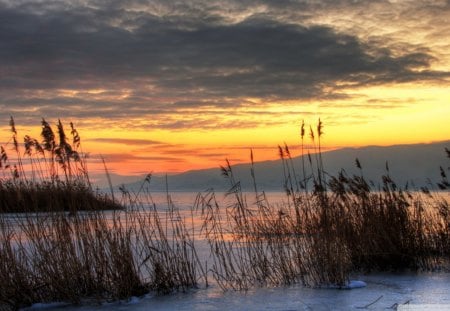 chilly sunset on a frozen utah lake - lake, reefs, ice, sunset