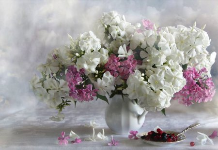 Still Life - beauty, photography, bouquet, still life, white, pretty, petals, romance, pink flowers, lovely, vase, nature, white flowers, romantic, pink, beautiful, flowers