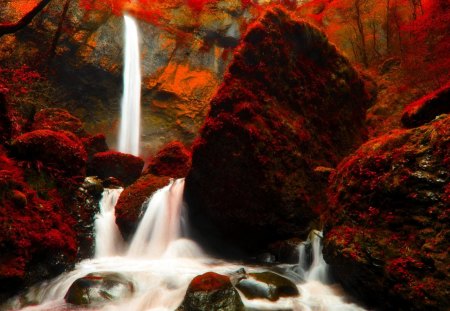 AUTUMN FOREST WATERFALLS - autumn, falls, forest, rock, moss