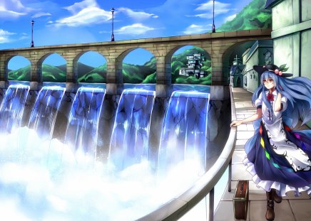 Anime - anime, waterfall, sidewalk, dress