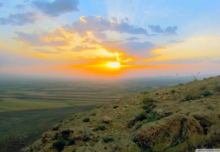 sunset over a huge valley - sunset, mountain, clouds, valley