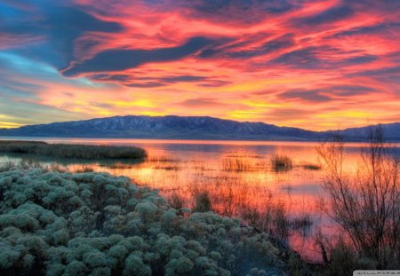 fiery sunset ove utah lake hdr - lake, mountain, clouds, sunset, bushes