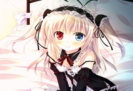 Hasewago Kobato - female, alone, room, dress, hairband, doll, bed, pillow, ribbon, twin tails, anime girl, hot, blush, blonde hair, hasewago kobato, cool, sweet, fang, blue eye, red eye, cute, sexy, bow