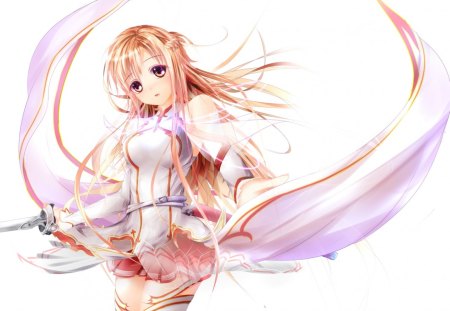 Yuuki Asuna - pretty, artistic, brown, breastplate, uniform, armor, stunning, yuuki, rapier, sword art online, sao, nice, brown eyes, asuna, leggings, hot, thighhighs, yuuki asuna, sword, beauty, blade, cg, wind, white, cute, outfit, sexy, anime, majestic, amazing, flash, stockings, red, katana, art, the flash, anime girl, skirt, beautiful, girl, pixiv, cool, brown hair, awesome, digital, thigh highs